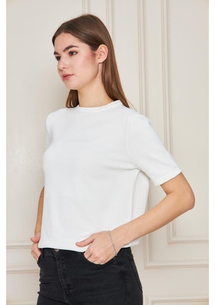 Kadın Bisiklet Yaka Kısa Kollu Triko Bluz Basic Bluz 25222