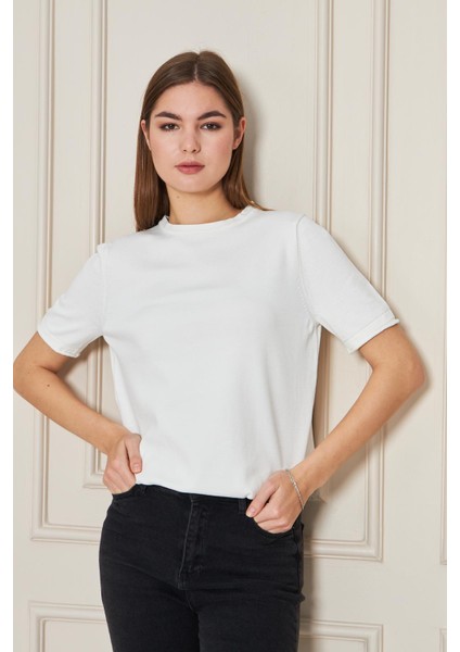 Kadın Bisiklet Yaka Kısa Kollu Triko Bluz Basic Bluz 25222