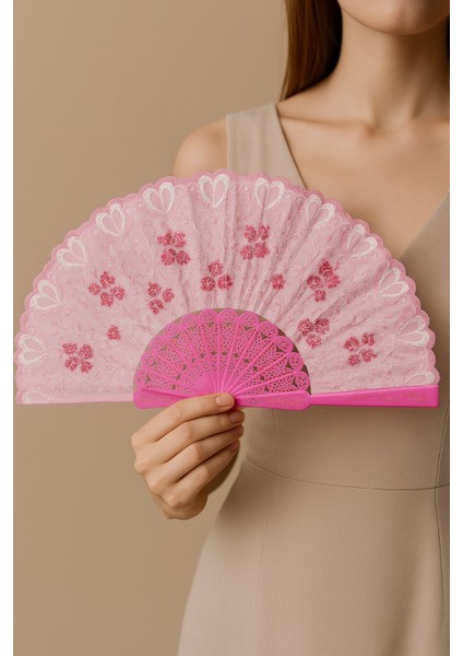 Pembe Dantelli Gelin Yelpazesi – Kına, Düğün, Bekarlığa Veda, Nedime Aksesuarı (42 x 24 cm )