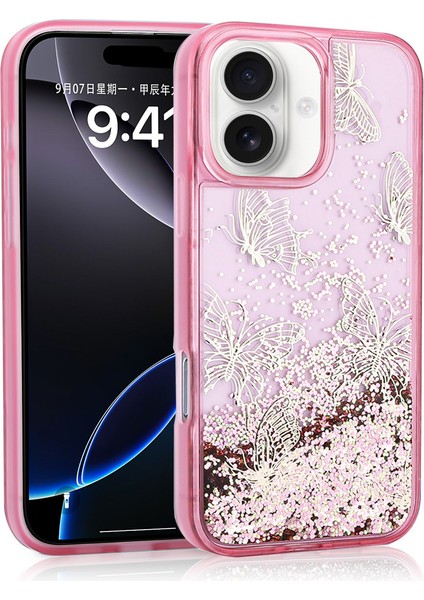 Apple iPhone 16 Uyumlu Kılıf Sıvılı Simli Kelebek Baskılı Şeffaf Arka Yüzey Akav Glis Silikon Kapak-Pembe