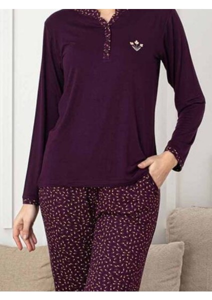 Kadın Mürdüm Desenli V Yaka 3 Düğmeli Likralı Viskon Mevsimlik Uzun Kol Pijama Takımı modelleri