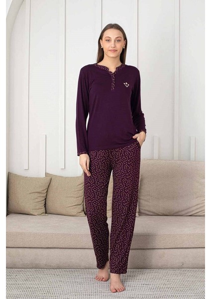 Kadın Mürdüm Desenli V Yaka 3 Düğmeli Likralı Viskon Mevsimlik Uzun Kol Pijama Takımı fırsatları