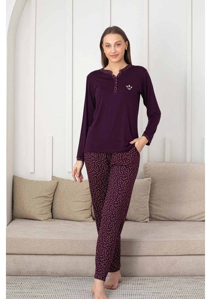 Kadın Mürdüm Desenli V Yaka 3 Düğmeli Likralı Viskon Mevsimlik Uzun Kol Pijama Takımı indirimleri