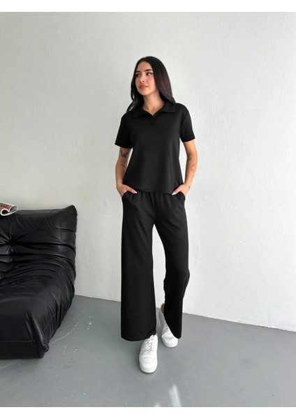 Osy Modal Yumuşak Dokulu Kumaş Kısa Kollu Yakalı T-Shirt Pantalon Ikili Takım- Siyah modelleri