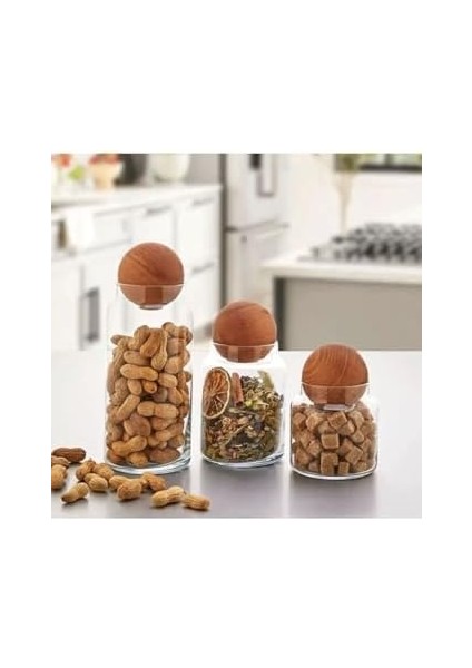 3'lü Cam Kavanoz Seti - 500 Ml, 800 Ml, 1300 ml - Akasya Ağacı Ahşap Top Kapaklı, Hava Geçirmez, Şık ve Sağlıklı Saklama Kabı modelleri