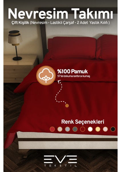 Pamuk Ranforce Çarşaflı Yastık ve Yorgan Kılıflı Çift Kişilik Nevresim Takımı 200 x 220 cm