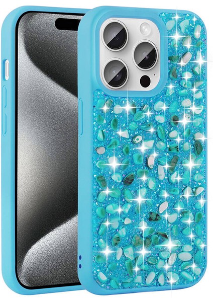 Apple iPhone 15 Pro Max Kılıf Parlak Taşlı Tasarım Ardx Linea Kapak-Mavi Açık
