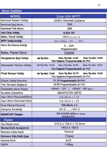 30A 12/24V Mppt Solar Şarj Kontrol Cihazı