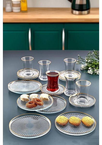 18 Parça Gold Yaldızlı Çay Seti Takımı - Pasta Tabağı, Çay Bardağı, Çay Tabağı