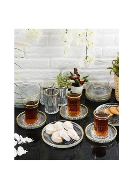 18 Parça Gold Yaldızlı Çay Seti Takımı - Pasta Tabağı, Çay Bardağı, Çay Tabağı