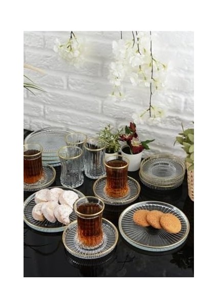 18 Parça Gold Yaldızlı Çay Seti Takımı - Pasta Tabağı, Çay Bardağı, Çay Tabağı