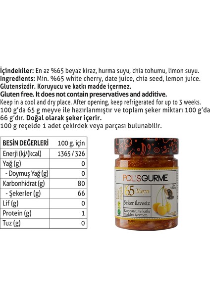 Chia Tohumlu Şekersiz Beyaz Kiraz Reçeli 285gr fiyatları