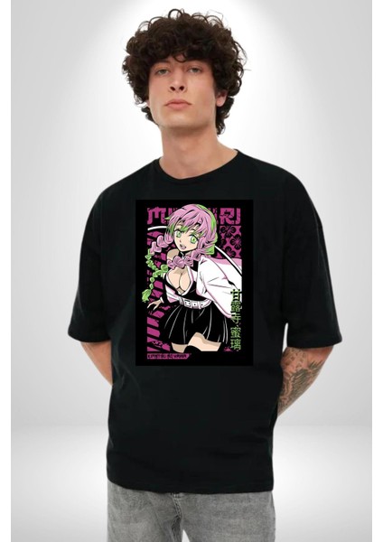 Demon Slayer Mitsuri Kanroji Anime Kadın Erkek Ön Baskılı Siyah Pamuklu Tişört Penye Klasik