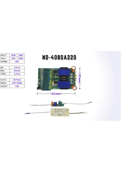 LED DRIVER/TRAFO (40W-80W) (X2-ÇİFT ÇIKIŞ), 182V-364V, 220MA) Avize