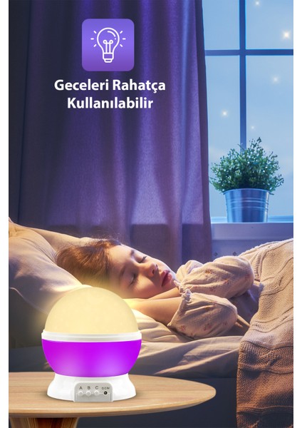 Ay ve Yıldızlı Gökyüzü Yansıtmalı Dönen Projeksiyon Gece Lambası- Çocuk Bebek Odası Mor indirimleri
