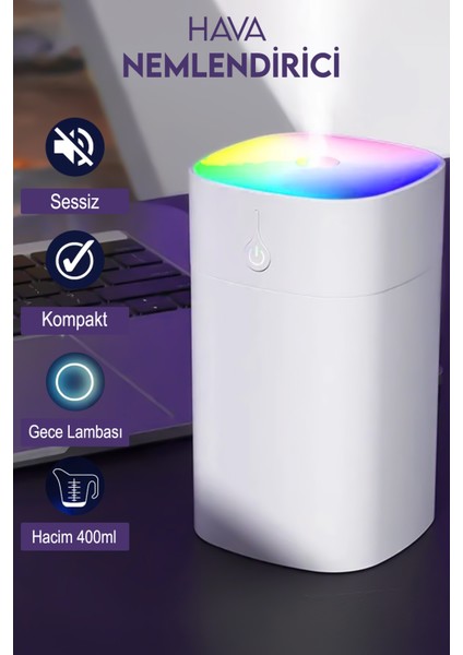 400 ml Ultrasonik Hava Nemlendirici ve Aroma Difüzörü- LED Işıklı Buhar Makinesi