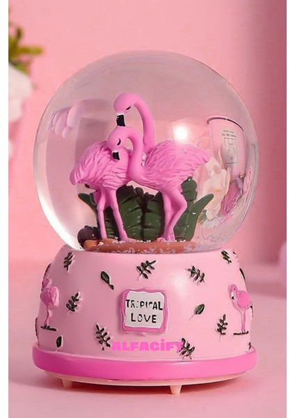 Renk Değiştiren Işıklı ve Müzikli Romantik Flamingo Kar Küresi- Dekoratif Hediye