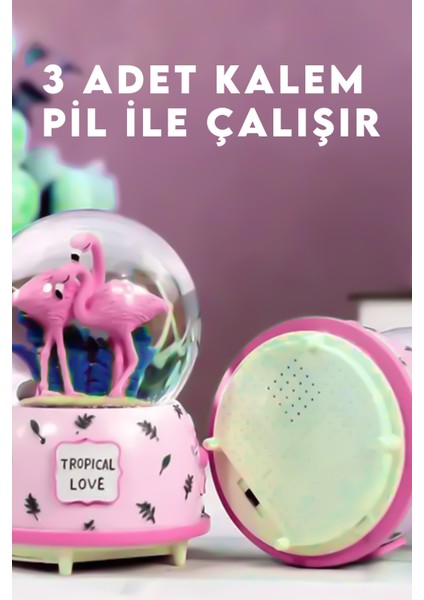 Renk Değiştiren Işıklı ve Müzikli Romantik Flamingo Kar Küresi- Dekoratif Hediye indirimleri
