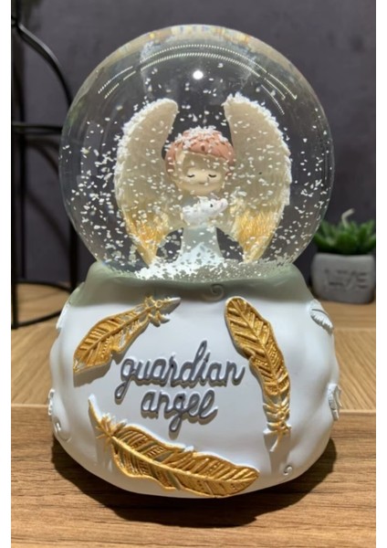 Guardian Angel Kar Küresi- Müzikli LED Işıklı Dekoratif Melek Biblo, Hediye ve Gece Lambası