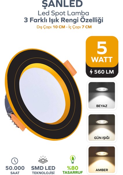 5W 3 Renkli(Beyaz,Günışığı,Amber)syah Gold Kasa Led Spot Lamba-1 ADETTİR