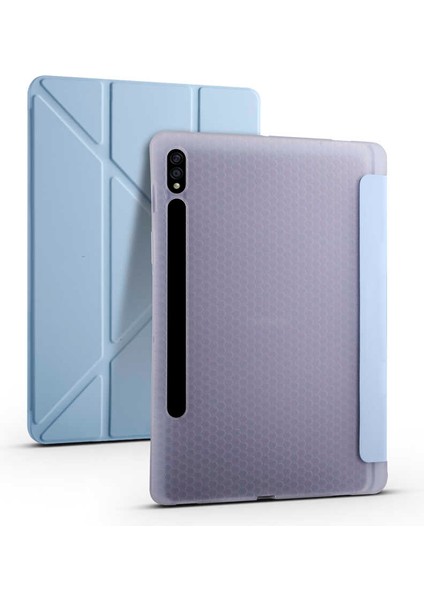 Samsung Galaxy Tab S7 T870 Kılıf Uyumlu Zore Tri Folding Kalem Bölmeli Standlı Kılıf-Mavi