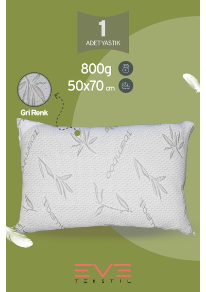 Bamboo Gri Serisi Kılıflı Antialerjik Fermuarlı Yıkanabilir Silikon Elyaf Yastık 50 x 70 cm 800 gr