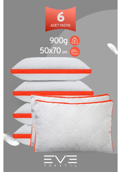 6 Adet Klimax Turuncu Serisi Kılıflı Fermuarlı Klimali Antialerjik Silikon Nano Elyaf Yastık 50 x 70 cm