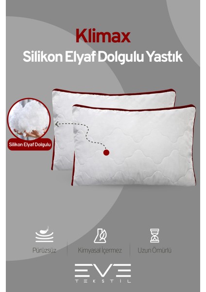 10 Adet Klimax Bordo Serisi Kılıflı Fermuarlı Klimali Antialerjik Silikon Nano Elyaf Yastık 50 x 70 cm fiyatları