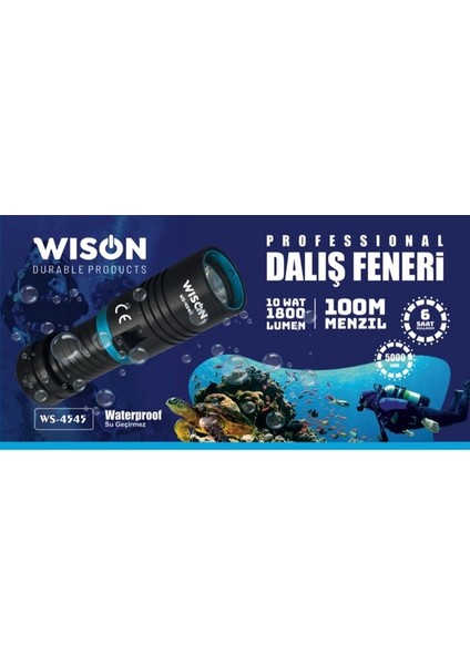 Wıson ws-4545 şarjlı su altı dalış el feneri 100 menzil 10w 1800 lümen