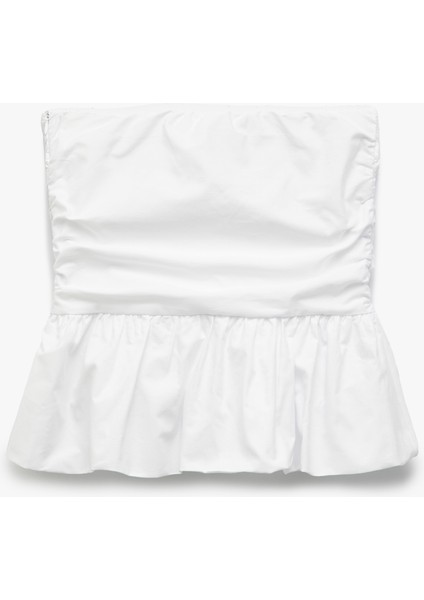 Straplez Yaka Volanlı Pamuklu Crop Bluz fiyatları