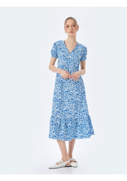 Balon Kollu V Yaka Büzgülü Volanlı Midi Elbise Bürümcük