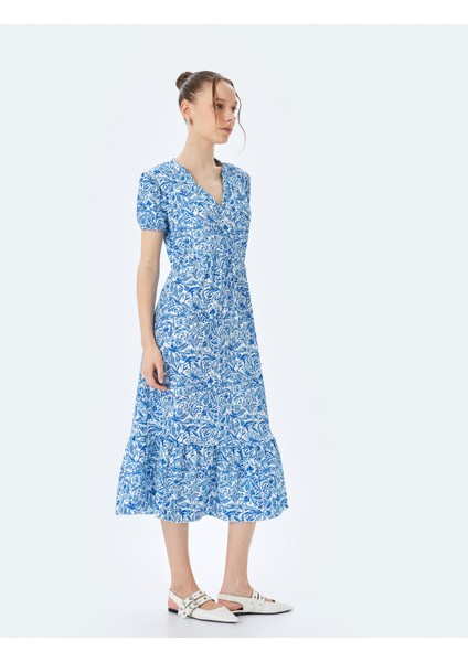 Balon Kollu V Yaka Büzgülü Volanlı Midi Elbise Bürümcük fiyatları