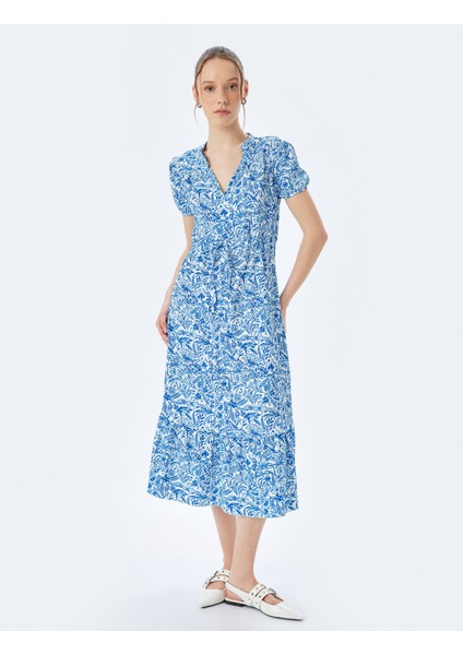 Balon Kollu V Yaka Büzgülü Volanlı Midi Elbise Bürümcük modelleri