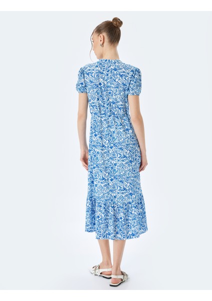 Balon Kollu V Yaka Büzgülü Volanlı Midi Elbise Bürümcük fırsatları