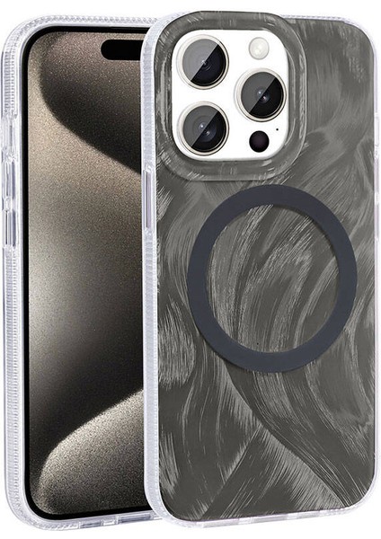 Apple iPhone 15 Pro Max Kılıf Magsafe Şarj Özellikli Fırça Boya Desenli Ardx Palet Kapak-Pembe