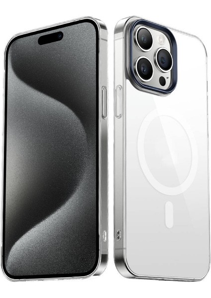 Apple iPhone 15 Pro Max Uyumlu Ardx Wireless Şarj Özellikli Şeffaf G-Glass Kapak-Lacivert