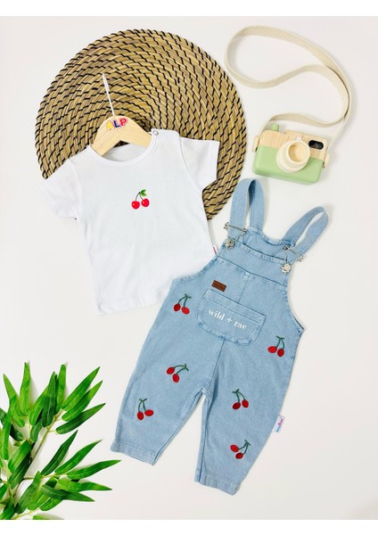 Babyera Kiraz Nakışları Örme Kot Salopet Takım - Mavi