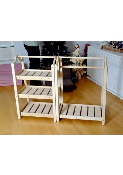 Montessori Çocuk Dolabı | Askı ve Raf Dolap | Açık Elbise Dolabı Gardrop Seti | Ahşap Çocuk Dolabı