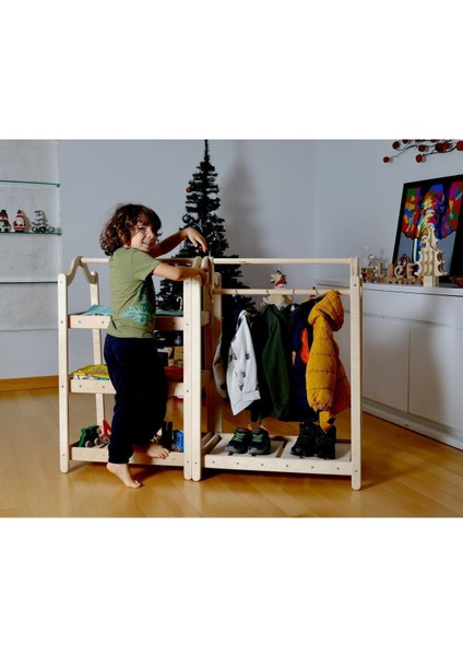 Montessori Çocuk Dolabı | Askı ve Raf Dolap | Açık Elbise Dolabı Gardrop Seti | Ahşap Çocuk Dolabı