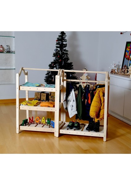 Montessori Çocuk Dolabı | Askı ve Raf Dolap | Açık Elbise Dolabı Gardrop Seti | Ahşap Çocuk Dolabı