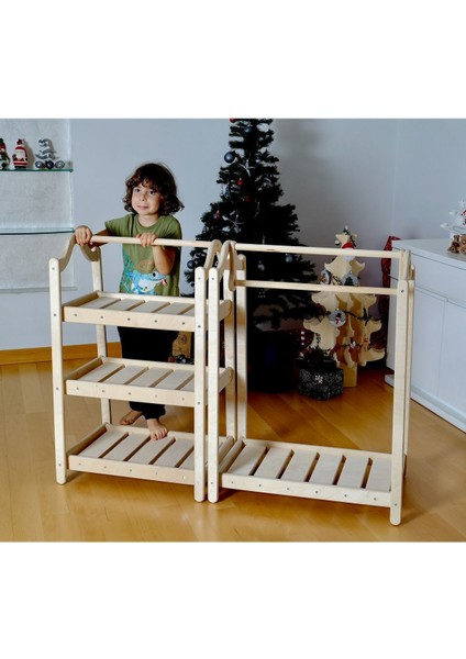 Montessori Çocuk Dolabı | Askı ve Raf Dolap | Açık Elbise Dolabı Gardrop Seti | Ahşap Çocuk Dolabı