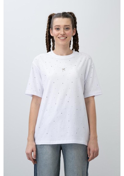 Kız Çocuk Taşlı Kurdale Nakışlı Tshirt