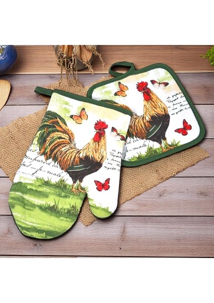 Horoz ve Kelebek Desenli Fırın Eldiveni ve Tutacak Seti – 2 Parça, 18 x 27 cm , Pamuklu, Hediyelik Mutfak Aksesuarı