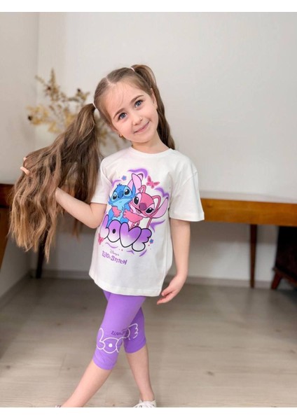 Love Baskılı Kapri Tayt Kız Çocuk Takım Lila - 4-5 Yaş