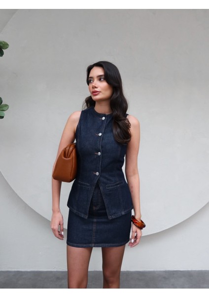Denim Yelek Etek Takım