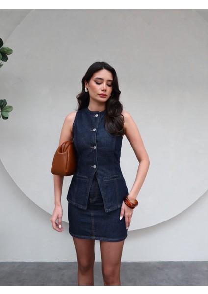 Denim Yelek Etek Takım