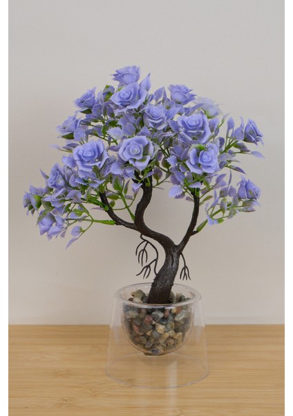 Dekoratif Çift Cidarlı Saksıda Yapraklı Gül 30 cm Lila EVA-5863