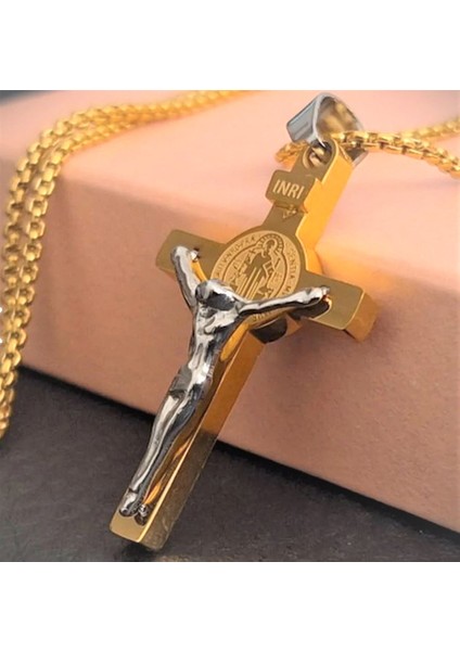 Voyageaccessory Altın Gümüş Renk Paslanmaz Çelik Isa Haç Kolye / 60 cm Zincirli
