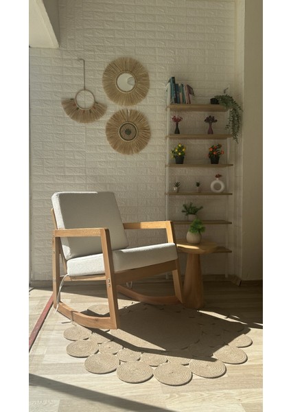 Concept Iskandinav Teddy Krem Kumaş Naturel Ahşap Sallanan Sandalye Baba Sandalyesi