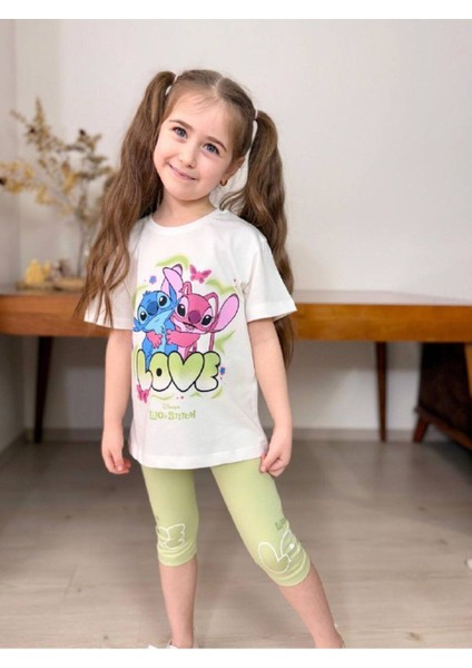 Love Baskılı Kapri Tayt Kız Çocuk Takım Yeşil - 5-6 Yaş